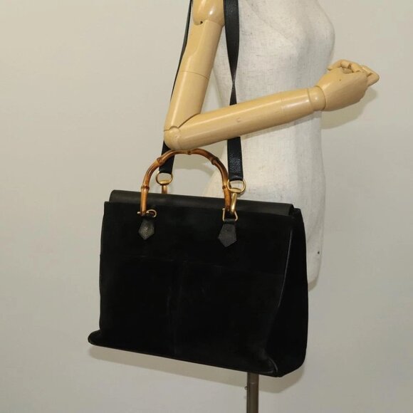 Share GUCCI Bamboo Hand Bag Suede 2way Black Gold 002 123 0322 Auth - Picture 1 of 16